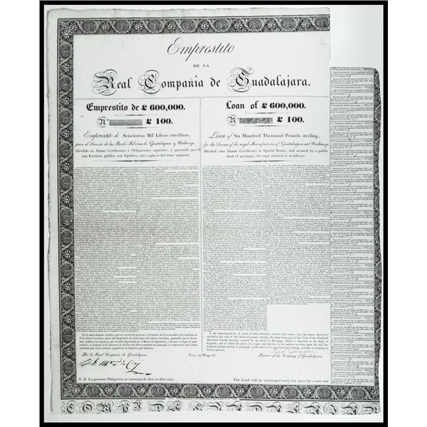 Real Compania de Guadalajara, Loan of £600,000. 1825, £100 Sterling I/U Bond Signed by Marquis de Cr