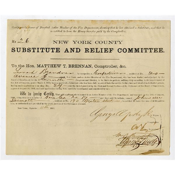 New York County Substitute and Relief Committee, 1863, Civil War Substitute Document Signed by Boss 