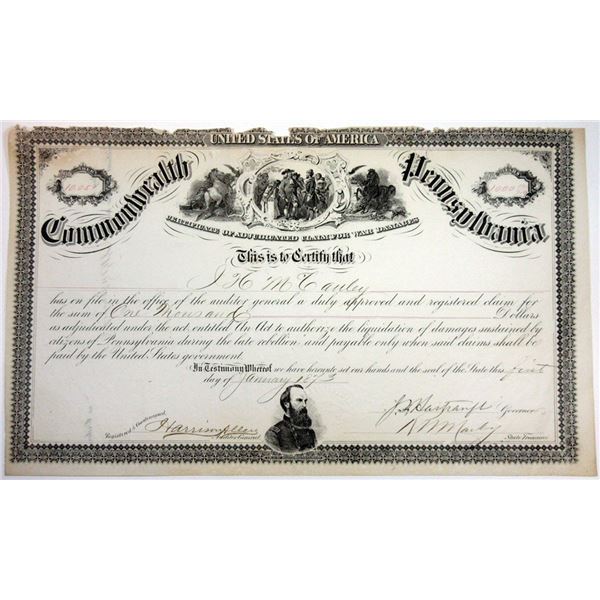 Commonwealth of Pennsylvania,  1873, Issued Bond Signed by Major General Frederick Hartranft, Medal 