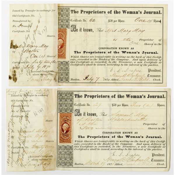 Proprietors of the Woman's Journal 1870 Issued Pair of Stock Certificates from the Samuel May family