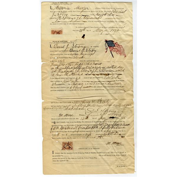 Civil War Naval Discharge Papers and Notarized Oath of Identity, 1864 For Claiming Prize Money from 