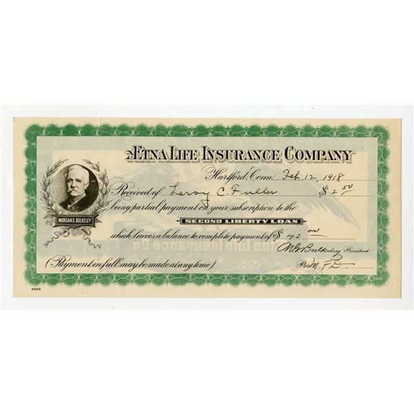 Aetna Life Insurance Co., 1918, Issued Receipt for Partial Payment on a Second Liberty Loan Bond