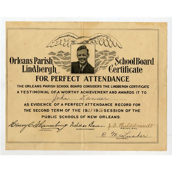 Orleans Parish School Board, Charles Lindbergh Certificate for Perfect Attendance, 1935-36 School Ye