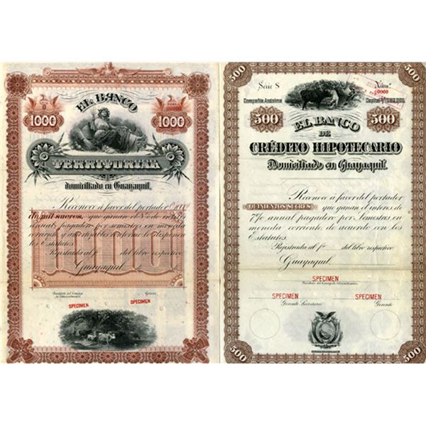 Banco Territorial & Banco Credito Hipotecario, ND (1900 to 1940s), Pair of Specimen Bonds