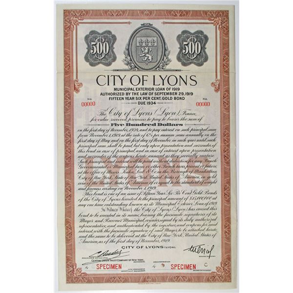 City of Lyons 1919 Specimen Bond