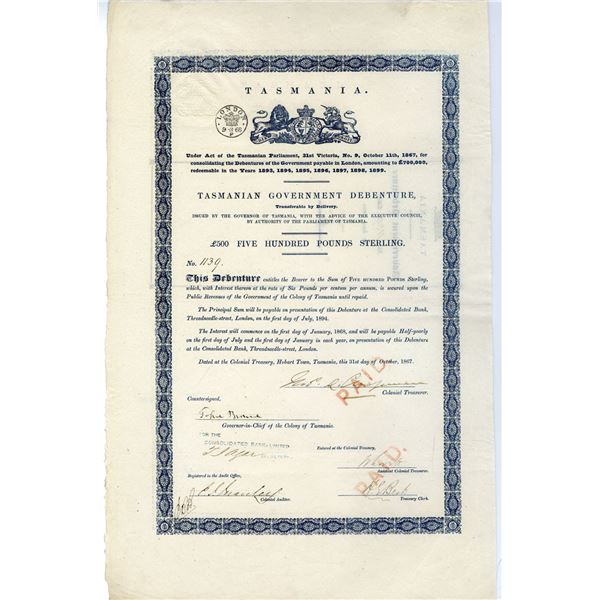 Tasmanian Government Debenture, 1867, I/C Bond.