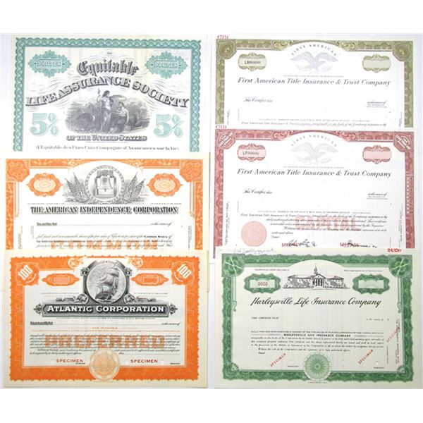 Insurance and Banking Assortment of Specimen Certificates, 1902 to 1960s.