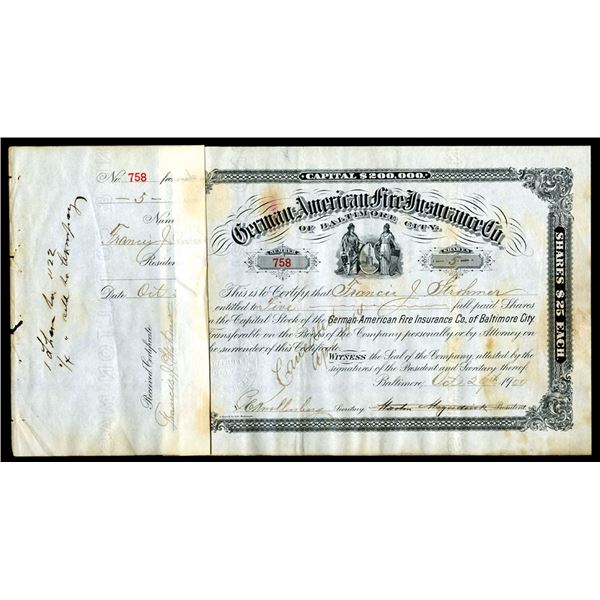 German-American Fire Insurance Co., 1900 to 1904, I/C Stock Certificate Lot of 110.