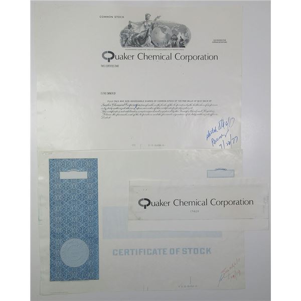 Quaker Chemical Corp., 1977 Progress Proof Stock Certificate & Annual Report Booklets