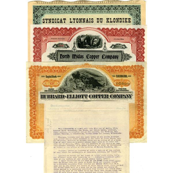 Alaska Gold Rush and Mining Assortment of Stocks Certificates and Lease Documents, 1901-1917