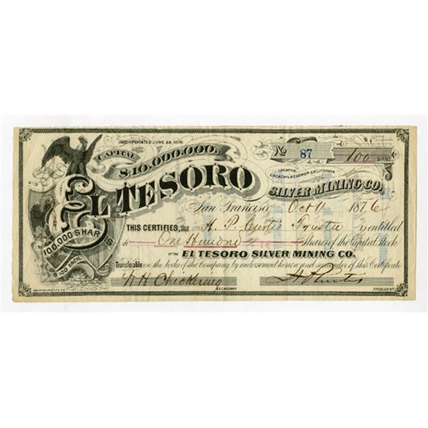 El Tesoro Silver Mining Co., 1876, I/U Stock Certificate