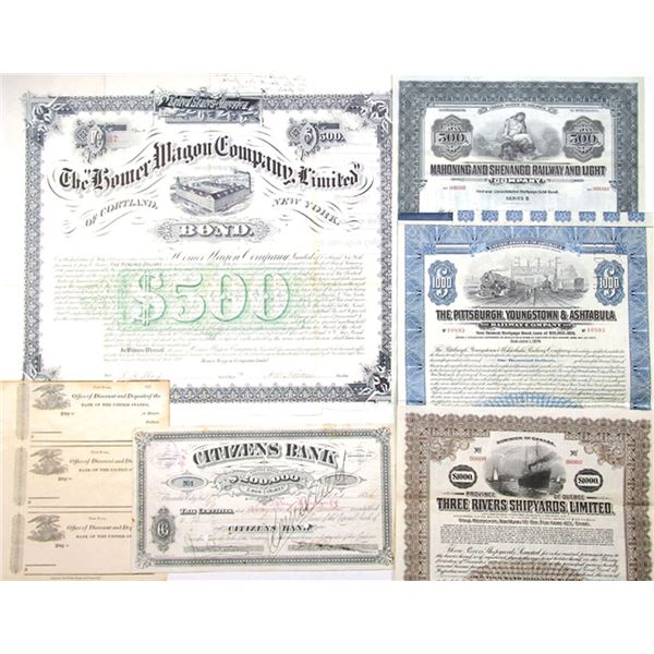 Banking, Railroad, Shipping, and Manufacturing Specimen and Issued Stock and Bond Assortment, ca.183