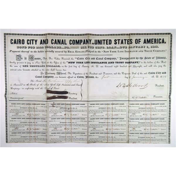 Illinois. Cairo City and Canal Co. 1838 I/C $1000 6% Coupon Bond.