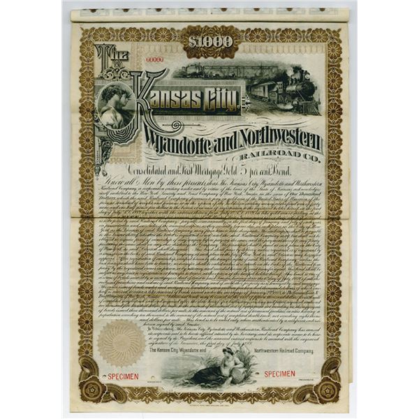 Kansas City, Wyandotte and Northwestern Railroad Co. 1889 $1000 Specimen Bond Rarity