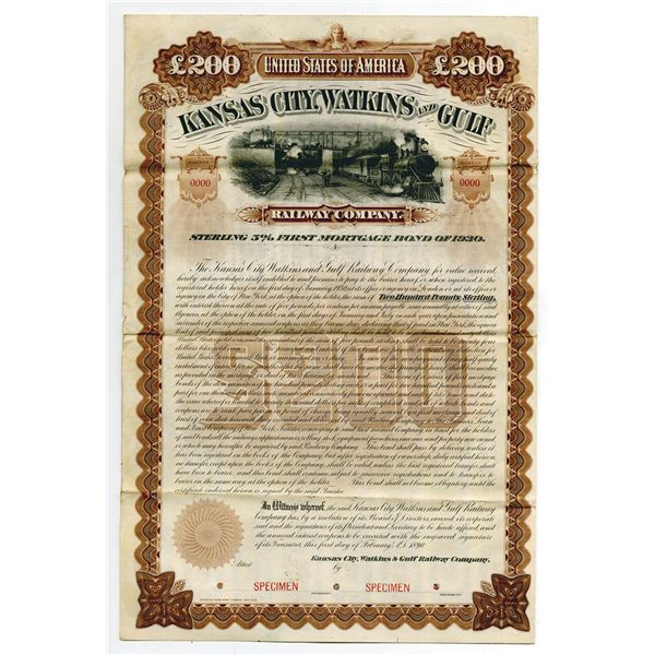 Kansas City, Watkins and Gulf Railway Co. 1890 Unique Specimen Bond