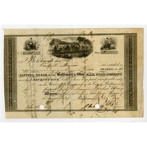 Baltimore & Ohio Rail Road Co., Early dated July 4th, 1835, I/C Stock Certificate