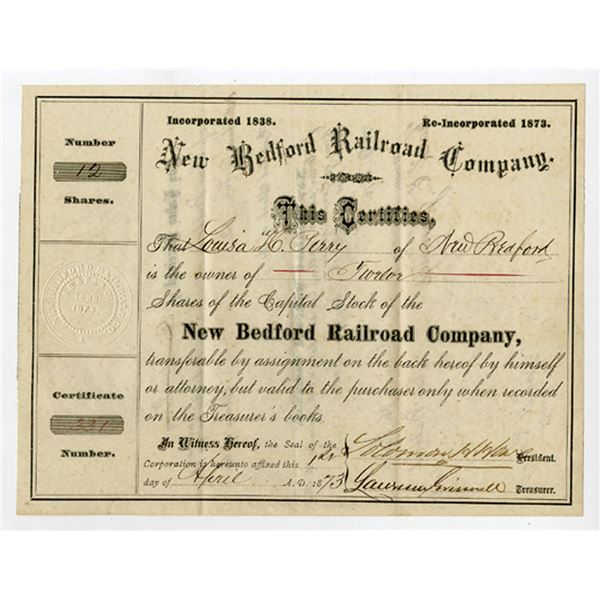 New Bedford Railroad Co., 1873, I/U Stock Certificate