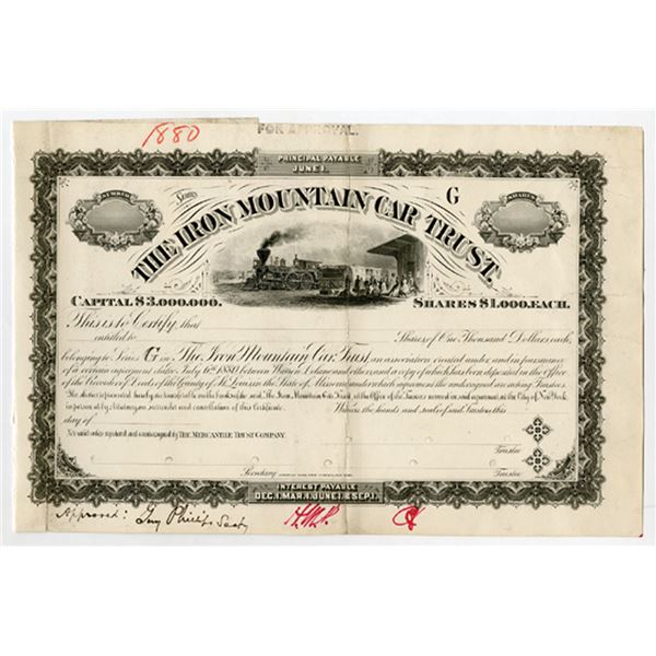 Iron Mountain Car Trust, 1880, Unique Approval Proof Stock Certificate