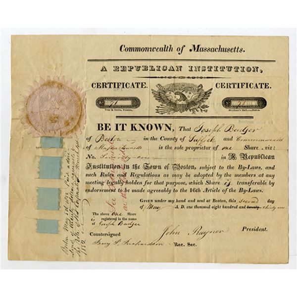 Republican Institution in the Town of Boston, Massachusetts, 1831, Issued Stock Certificate