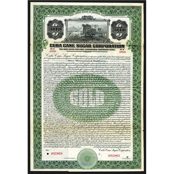 Cuba Cane Sugar Corp. 1920 Specimen Bond.