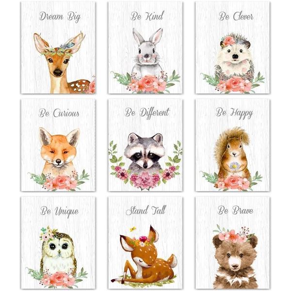 9 Pieces Woodland Nursery Wall Art Prints Cute Woodland Floral Crown Animals Motivational Posters Pi