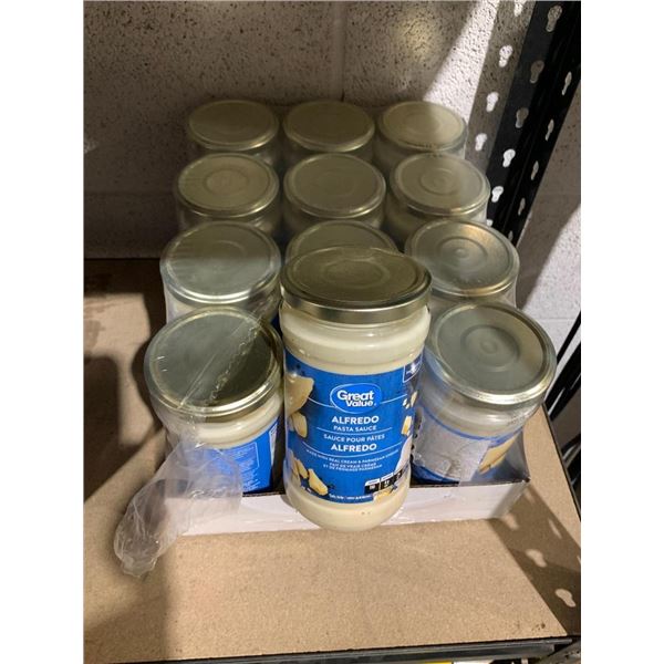 Great Value Alfredo pasta sauce, pack of 12 jars.