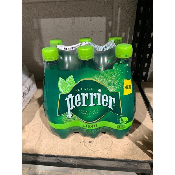 6 Perrier carbonated natural spring water lime flavor bottles.