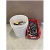 Image 1 : BUCKET AND TRAY OF ASSORTED ELECTRICAL ITEMS,  SOCKETS, PLUGS AND EMT STRAPS