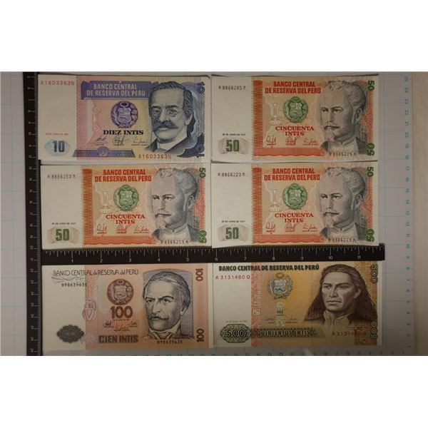 6 PERU CRISP UNC BILLS: 1987 TEN INTIS, 3-1987