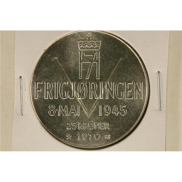 1970 NORWAY SILVER 25 KRONER .8158 OZ. ASW