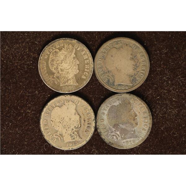 1899, 1906, 1913 & 1916 SILVER BARBER DIMES