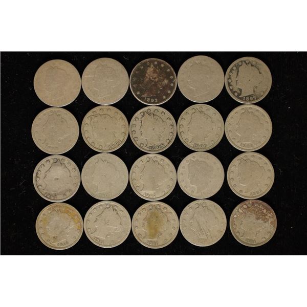 20 ASSORTED LIBERTY  V  NICKELS: 1891-1911