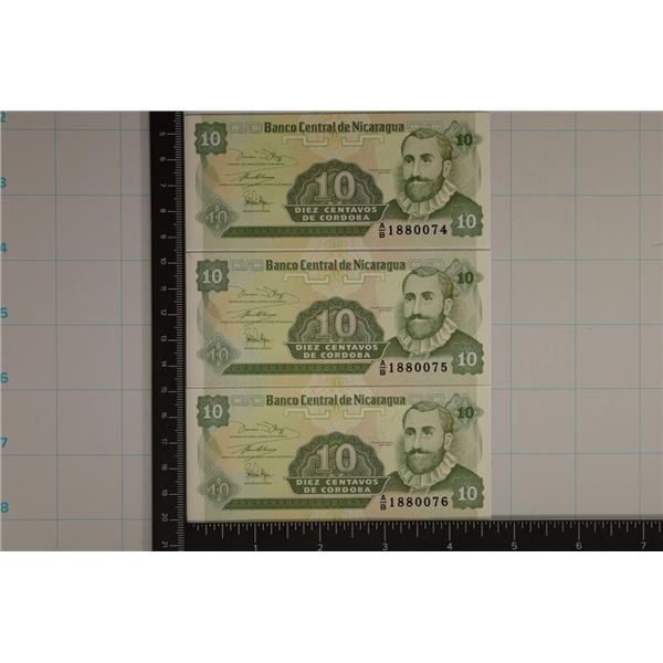 3-1991 NICARAGUA 10 CORDOBA BILLS. CRISP UNC WITH