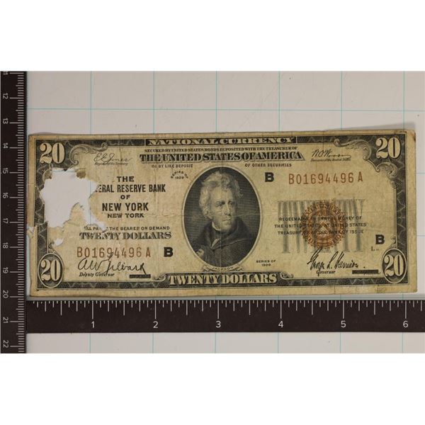 1929 US $20 NATIONAL CURRENCY FEDERAL RESERVE