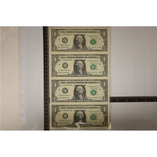 UNCUT SHEET OF 2003-A US $1 FRN'S. CRISP UNC.