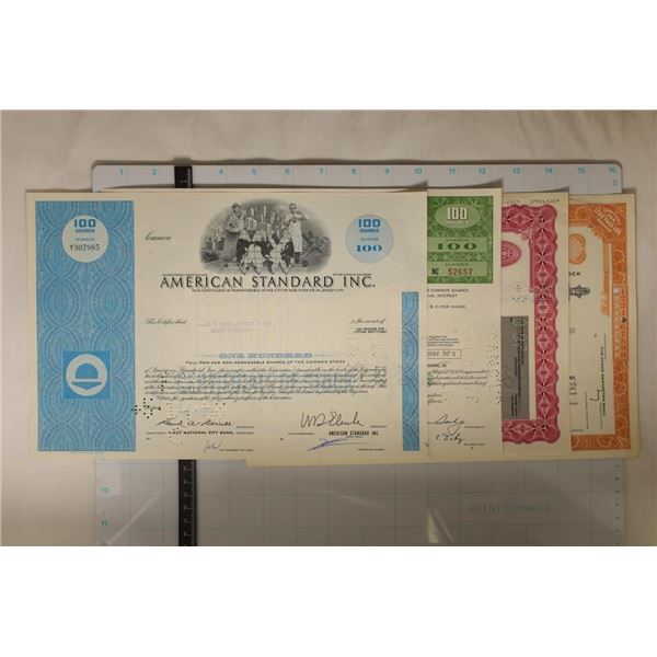 4 VINTAGE STOCK CERTIFICATES: AMERICAN STANDARD