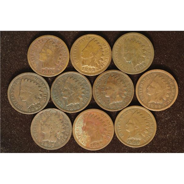 10-ASSORTED INDIAN HEAD CENTS: 1892-1899