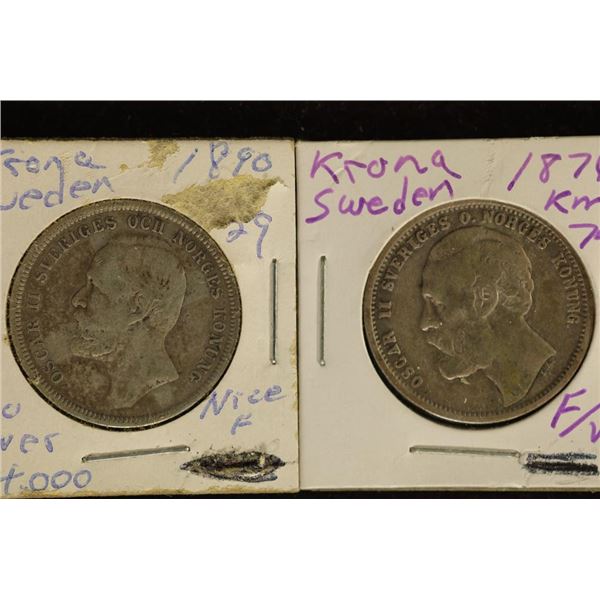 1876 & 1890 SWEDEN SILVER 1 KRONAS .3858 OZ. ASW