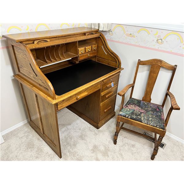 Wooden Roll Top Desk With Upholstered Chair