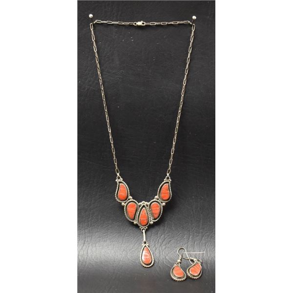 ZUNI INDIAN SILVER AND CORAL NECKLACE AND EARRINGS