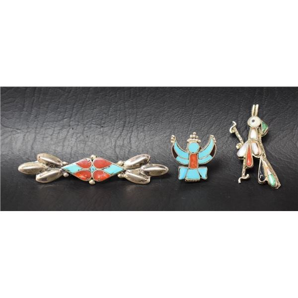 THREE ZUNI INDIAN SILVER PINS