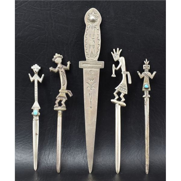 FIVE NAVAJO INDIAN SILVER LETTER OPENERS