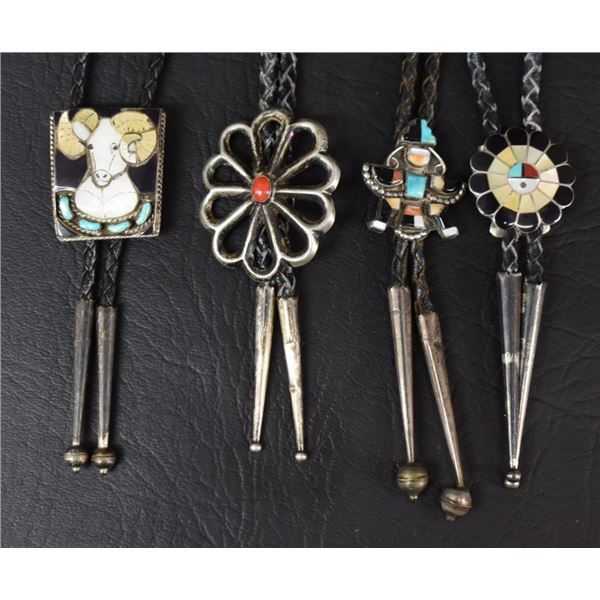FOUR NAVAJO AND ZUNI INDAIN BOLOS