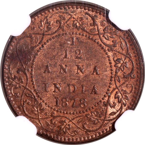 Very Rare NGC MS 63 RB Graded Copper One Twelfth Anna Coin of Victoria Empress of Calcutta Mint of 1