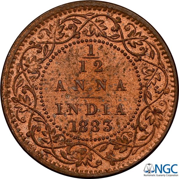 Rare NGC MS 62 RB Graded Copper One Twelfth Anna Coin of Victoria Empress of Bombay Mint of 1883.