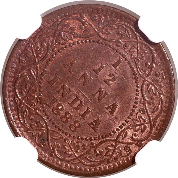Very Rare NGC MS 63 BN Graded Copper One Twelfth Anna Coin of Victoria Empress of Bombay Mint of 188