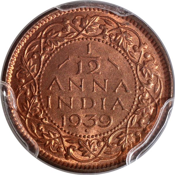 Extremely Rare Top-Pop PCGS MS 65 RD Graded Bronze One Twelfth Anna Coin of King George VI of Bombay
