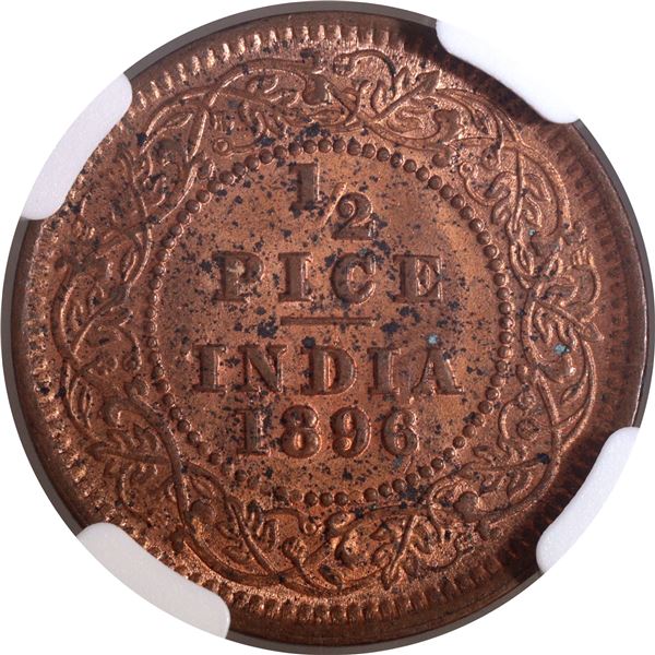 Rare NGC MS 61 RB Graded Copper Half Pice Coin of Victoria Empress of Calcutta Mint of 1896.