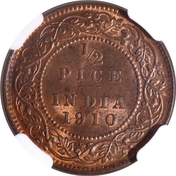 Very Rare NGC MS 65 BN Graded Bronze Half Pice Coin of King Edward VII of Calcutta Mint of 1910.