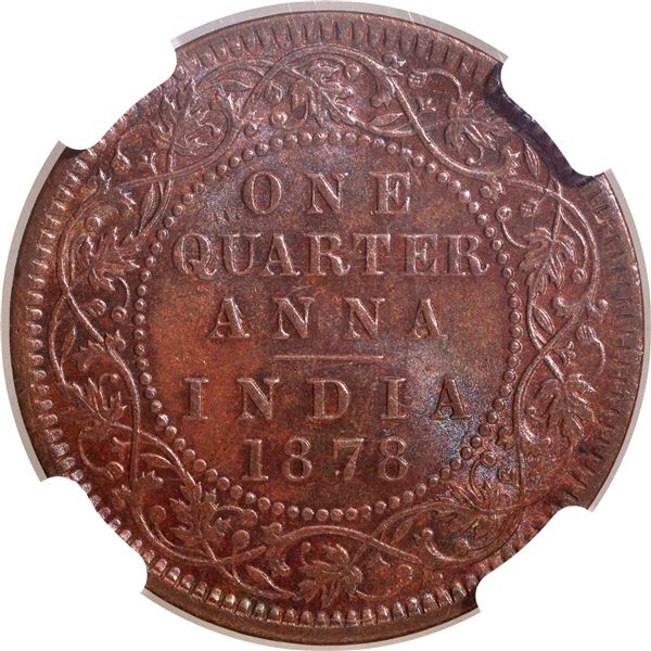 Extremely Rare NGC MS 63 BN Tough Date 1878 Copper One Quarter Anna Coin of Victoria Empress of Calc